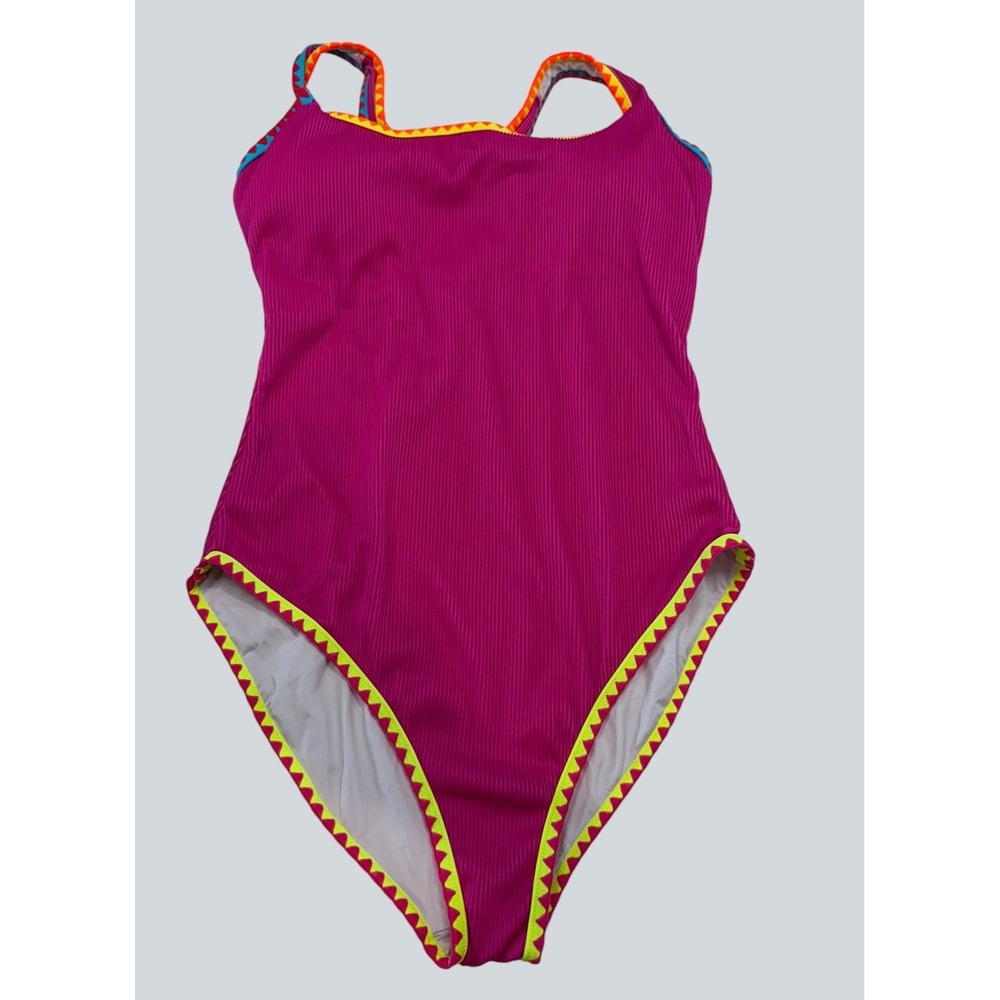 Popvil Magenta Pink Ribbed One Piece Swimsuit Neon Geometric Trim Size L NWT
